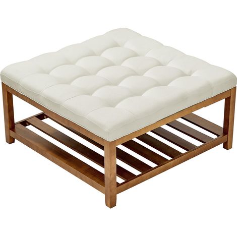 Grande Table Basse carrée capitonnée en Lin, 875 mm, Repose-Pieds rembourré avec étagère de Rangement en Bois Massif, capacité de Poids 181,44 kg, pour Chambre à Coucher, Salon, Blanc cassé (1/5)