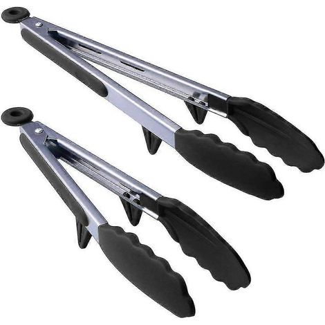 Pince de cuisine en acier inoxydable (lot de 2), poignée antidérapante, noire (1/5)