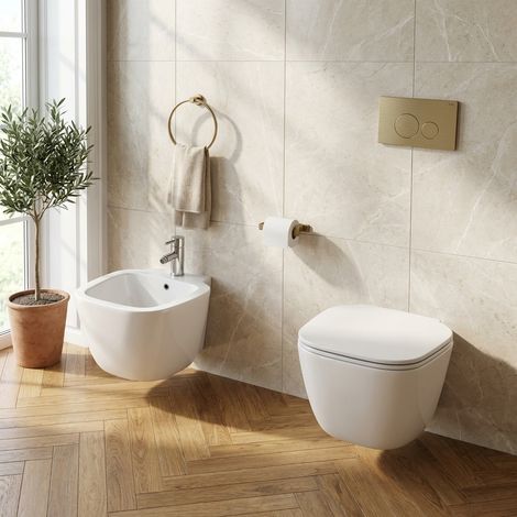 Coppia sanitari sospesi in ceramica bianco alpino – Serie One RAK Ceramics (1/5)