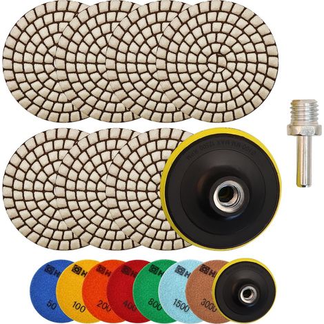 Lot de 7 tampons de polissage diamantés secs pour marbre 50/100/200/400/800/1500/3000+M14 Plateau de support + adaptateur pour granit marbre pierre artificielle quartz (1/5)