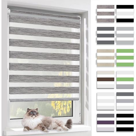 Store Enrouleur Jour Nuit,Tissu Double,Rideau sans Perçage,Translucide Occultant Protection Vie privée,pour Fenêtre et Porte,(Largeur du Tissu 70 cm),Lin Gris,70l x 130L cm (1/5)