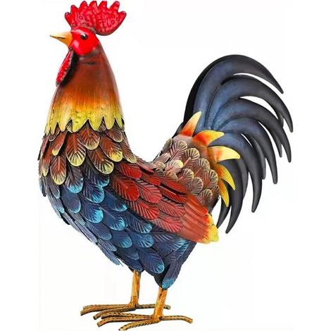 1 Sculpture de coq, Métal, Peinture à la main, 32x12x40cm, Résistant aux intempéries, Jardin, Cour, Cuisine