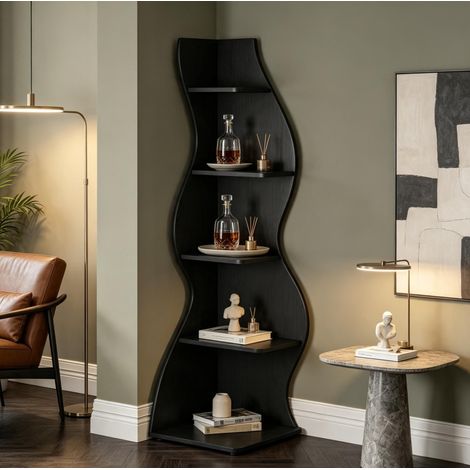 Étagère d’angle sur pied à 5 niveaux en bois noir 50 x 50 x 182,5 cm OKWISH (1/5)