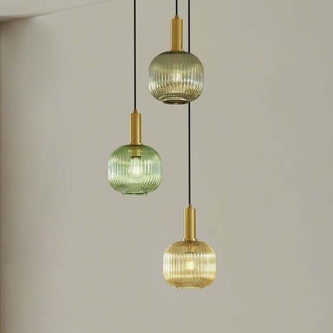 [GEBRAUCHT] B-Ware Lindby Hängeleuchte Doroteo 3-flg grün amber grau 45 cm Glas dimmbar E27 (1/2)
