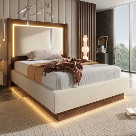 Letto contenitore singolo 90x200 cm, con sollevamento idraulico e LED, in lino beige e noce, senza materasso (1/5)