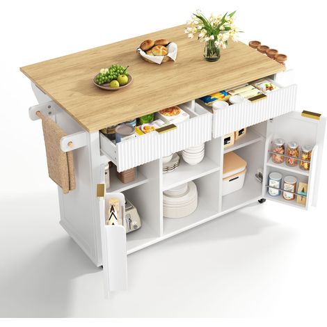 Küchenwagen mit Rollen mit 2 Schubladen, 2 Türen und Klappbarer Arbeitsplatte, MDF Weiß Natur, 143 x 45 x 89.5 cm (1/5)