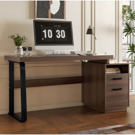 Computertisch mit leiser Schublade, Aktenschublade, MDF-Tischplatte, Stahlrohr, braun, 135x54x76,4 cm (1/5)