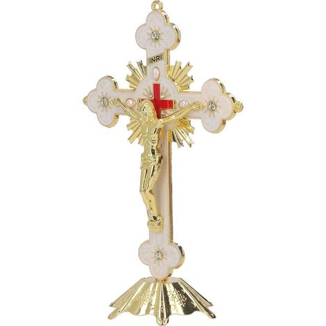 Emailliertes Metallkreuz, rostbeständige Beschichtung, gold-weiß, Wanddekoration für Esstisch, Kaminsims oder Tischplatte, 2er-Set (1/5)