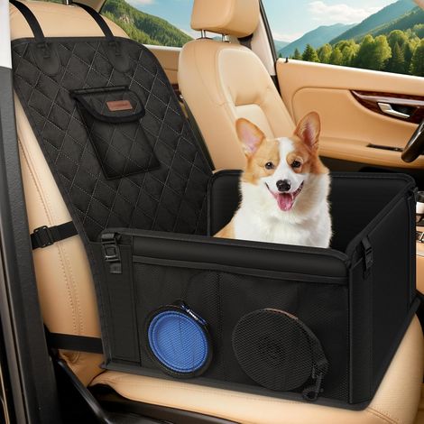 Siège Auto Chien Sécurisé Imperméable et Anti-Griffes, Filet de Rangement et Ceinture Sécurité Adjustable, Installation Facile sur Siège Passager pour Chiens de Petite et Moyenne Taille, Noir (1/5)