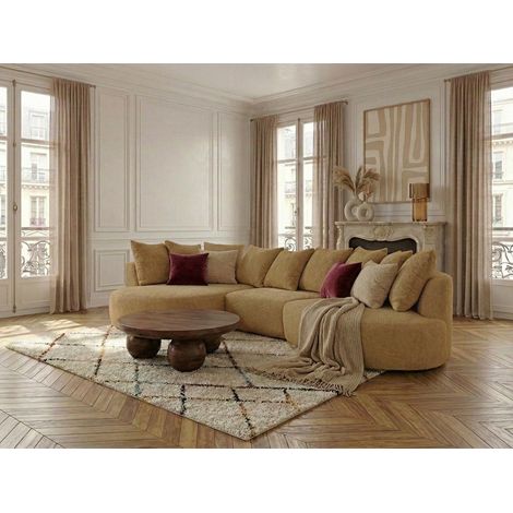 BOBOCHIC - Canapé d'angle fixe CALYPSO tissu bouclette Angle gauche  Ocre
