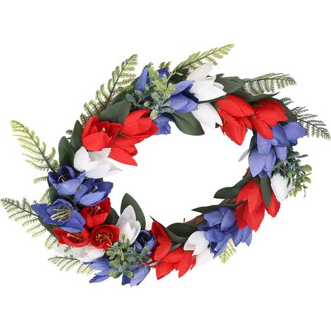 Couronne de la fête de l'indépendance, tulipes de 8 pouces, 40 cm de diamètre, à suspendre, thème patriotique, couronne du 4 juillet pour la fête de l'indépendance, convient pour la porte d'entrée. (1/5)