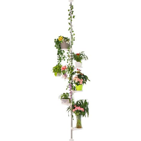 Supports de Pots de Fleurs Télescopique en Métal Porte Plante Intérieur Présentoir Étagère d'angle 7 Niveaux avec 6 Plateau et 1 Crochet, pour Salon Chambre Bureau Balcon - Ivoire (1/4)