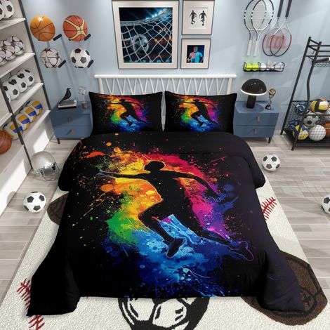 Parure de lit pour garçon Motif handball et sport 135 x 200 cm Motif arc-en-ciel Graffiti Style artistique sportif Housse de couette Pour homme passionné de sport (1/5)