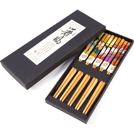 Lot de 5 paires de baguettes japonaises en bambou motif servante, avec encoche, coffret cadeau familial élégant. (1/5)