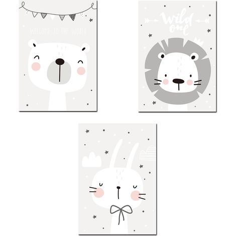 3 pósteres nórdicos de bebé niño, pósteres infantiles, dibujos de animales, león, oso, conejo, lienzo, decoración de pared, regalos (21 x 30 cm) (1/4)