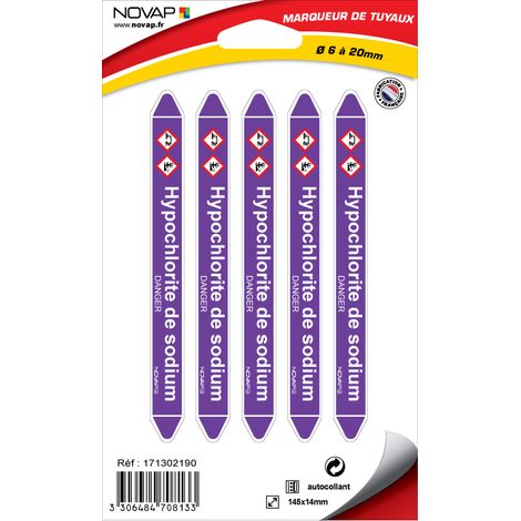Planche de 5 marqueurs de tuyauterie 145 x 14 mm pour Ø 6 à 20 mm - Hypochlorite de sodium - 4708133