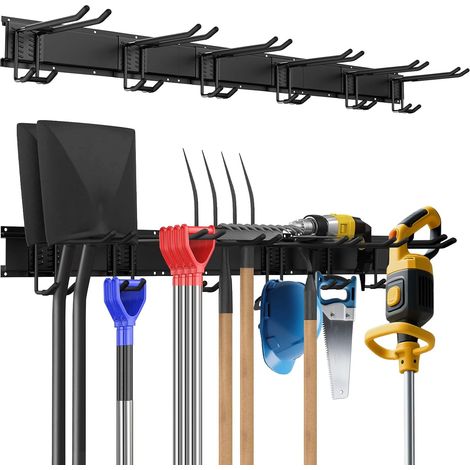 Support mural pour garage - 120 cm - Avec 6 crochets réglables - Pour outils de jardin, balais, râteaux, équipements de ski - Noir (1/5)