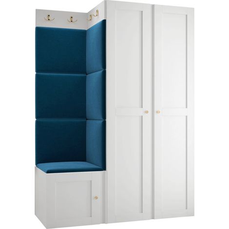 Meuble d'entrée Hartford 379, Blanc, 186x116x46cm, MDF, Stratifié, Tissu, Murale, À poser