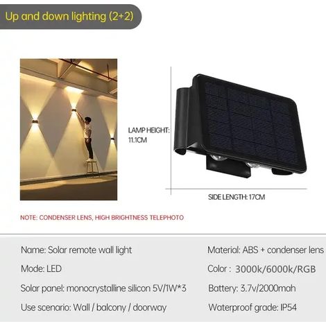 (Lumière chaude - 4 lampes) Applique murale solaire LED extérieure en ABS étanche IP54 pour jardin, décoration murale, panneau solaire, éclairage vers le haut et vers le bas, lampadaire (1/5)