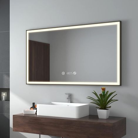 EMKE Specchio bagno con luce, 120 x 70 cm, luce neutra, specchio bagno LED con bordo nero, specchio bagno con interruttore touch, antiappannamento, orologio, display temperatura, dimmerabile