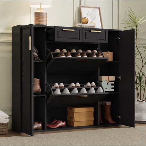 Scarpiera nera con 2 cassetti, 2 ante e ripiani regolabili 120 x 24 x 107 cm OKWISH (1/5)