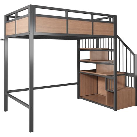 Cama alta de metal 90 x 200 cm con paneles de madera, escalera reversible y LED, negra (1/5)