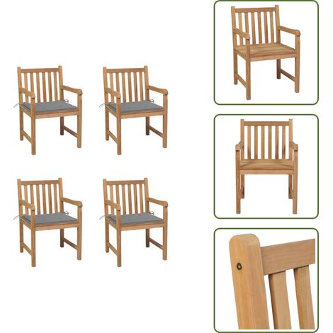 Gartenstühle 4 Stk. mit Grauen Kissen Massivholz Teak - Gartenstühle - Holzmöbel - Teakholz - Outdoormöbel - Gartenmöbelset (1/5)