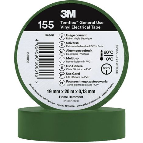 Ruban isolant 3M Temflex 155 en Vinyle Vert 20m x 19mm x 0.13mm ( Prix pour 1 )