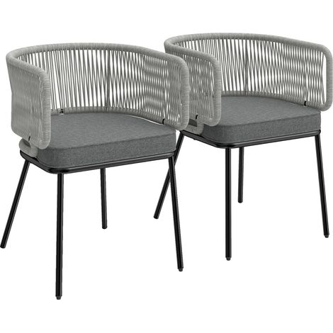 Lot de 2 fauteuils de jardin gris clair, corde résine tressée, dossier et accoudoirs, coussins amovibles 55x57x75cm (1/5)