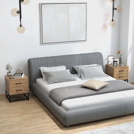 Ensemble de 2 tables de chevet de style industriel en bois et acier avec 2 tiroirs. Couleur bois. (1/5)
