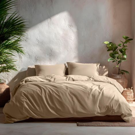 Parure de Lit 180, Uni 100% Coton, Housse de Couette 260x240 cm et 2 Taies d'oreiller, Respirante, Douce, Couleur Pierre (1/5)