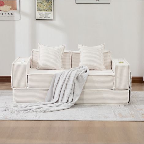 Canapé 2 places en velours côtelé beige 162x78x66 cm avec 2 coussins et poches de rangement (1/5)
