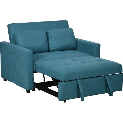Loveseat Sofa Bed, Convertible Bed Settee  2 Pillows, Side Pockets, Blue (1/5)
