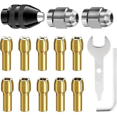 Ensemble de 15 pinces pour perceuse Dremel, mandrin à changement rapide de 1/32" à 1/8", 4486, avec pince en laiton de rechange 4485 et écrou métallique. (1/4)