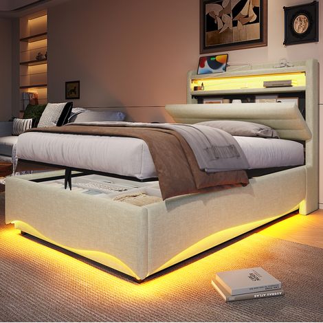 Cama tapizada 90x200 cm con LED, arcón de almacenamiento con apertura hidráulica, USB y Tipo-C, estante y compartimento abatible, beige, sin colchón CHICFURN (1/5)