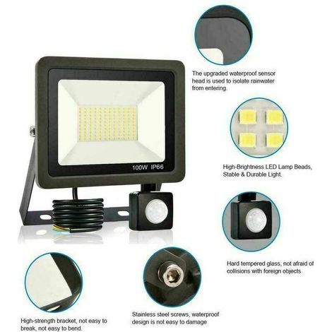 Ikodm – Projecteur à détecteur de mouvement 100W – IP65 étanche – 60000 lumens blanc froid – Éclairage pour garages et terrains de sport (1/5)