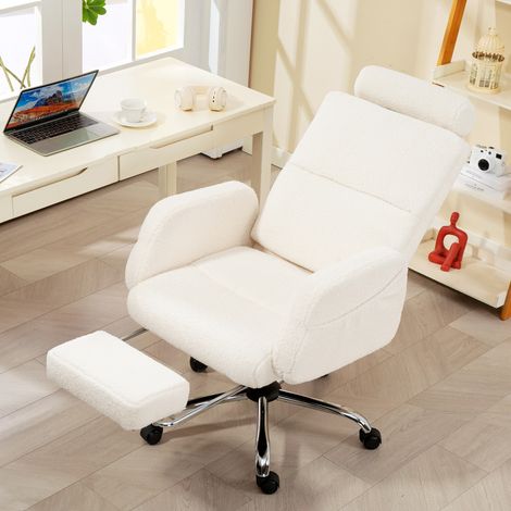 Silla de Escritorio con Reposapiés Tapizada en Borreguito con Respaldo Reclinable Reposacabezas Ajustable Crema (1/5)