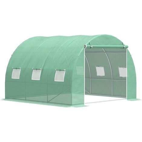 Serre tunnel de jardin 9 m² 3x3x2 m abri végétal à double porte enroulable 6 ouvertures grillagées acier maille PE vert (1/5)