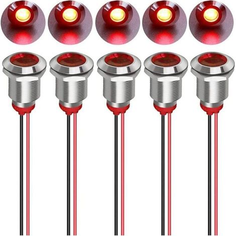 Stück 12 mm 12/24 V DC LED-Metallanzeige - Wasserdichte Signalleuchte, Blinker-Kontrollleuchte für Armaturenbrett mit Kabel (Rot) (1/5)