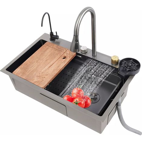 Lavello da cucina a vasca singola, barra a cascata, lavello in acciaio Ino Lavello 304 con rubinetto estraibile, set di lavelli da cucina di alta qualità per una cucina pulita, (75 x 45 x 21 cm) (1/5)