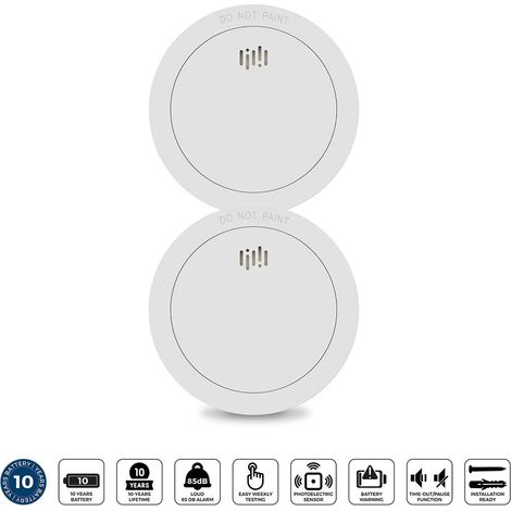 Detector de humo, batería de 10 años, paquete de 2, blanco