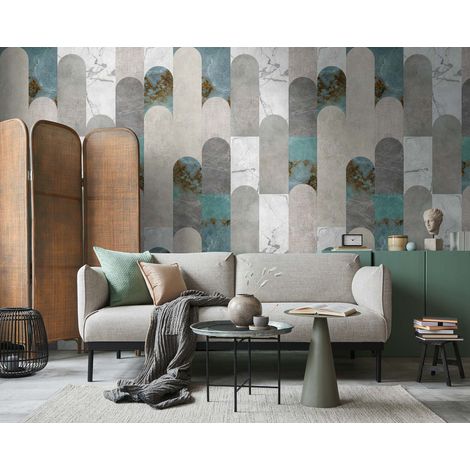 Papier peint intissé Marbre Bleu, Gris, Blanc - 1,59 x 2,8 m (1/3)