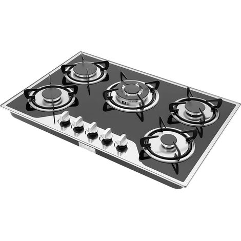 Plaque de cuisson gaz, Table de cuisson gaz 5 feux, Gas cooktop 5 burners, plaque gaz encastrable verre 7mm allumage électronique réglage flamme 180 degrés cuisine maison restaurant domestique (1/5)