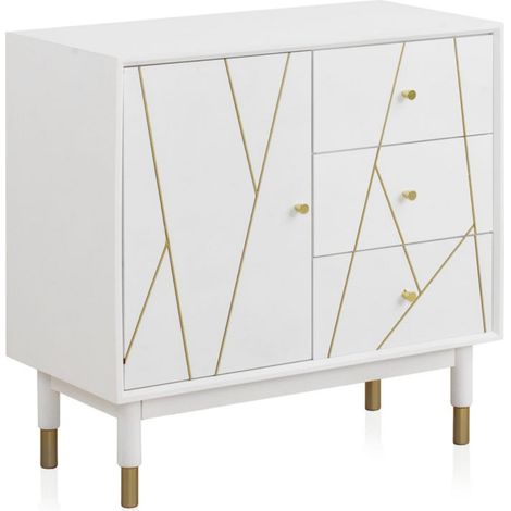 Commode blanche 3 tiroirs 1 porte décor or design contemporain - blanc laqué avec détails dorés (1/5)
