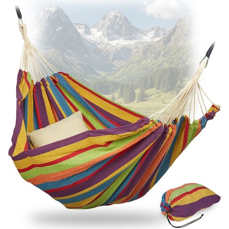 Relaxdays Hängematte Baumwolle, BxT: 150 x 190 cm, mit Befestigungsset, bis 300 kg, tragbar, XXL Stabhängematte, bunt