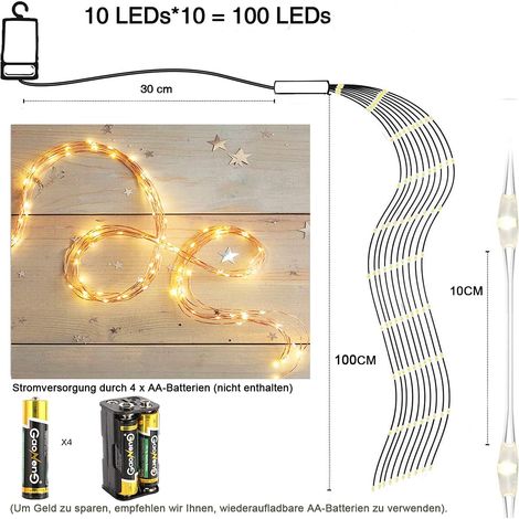 Led Lichterschweif 1M 100 LED Lichterbündel, 8 Modi Wasserdichte Wasserfall Lichterkette Batteriebetrieben mit Fernbedienung, Timer für Weihnachten Balkon Garten Gießkanne Innen Außen Deko