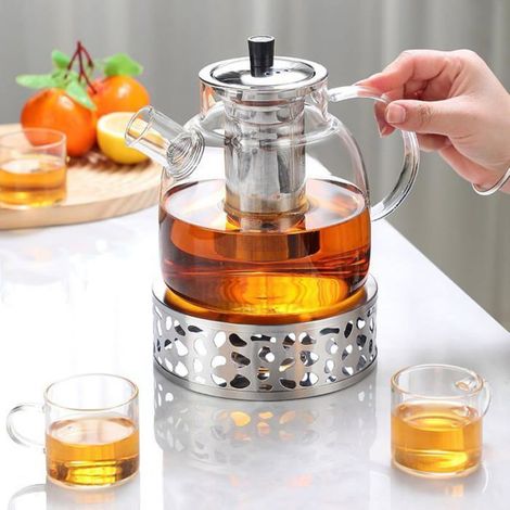 Théière Verre 1800ml avec Rechaud, Filtre Inox Amovible, Thé Noir Vert Parfumé, Infusion Élégante (1/5)