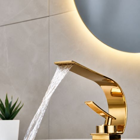 Mitigeur lavabo salle de bain bec cascade grand arc doré titane sans flexibles 25 × 19 × 7 cm – Livraison gratuite