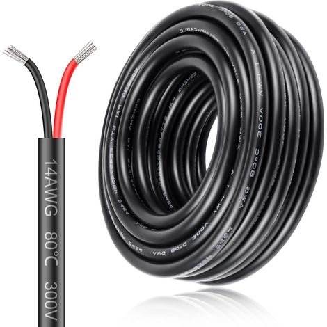 Câble électrique 14 AWG 2 x 2,0 mm² - 20 m - Câble électrique à 2 fils - 5 V/12 V/24 V - Câble de terre en cuivre étamé - 300 V - Flexible et doux - Résistance aux températures élevées - Rallonge 20 m (1/5)