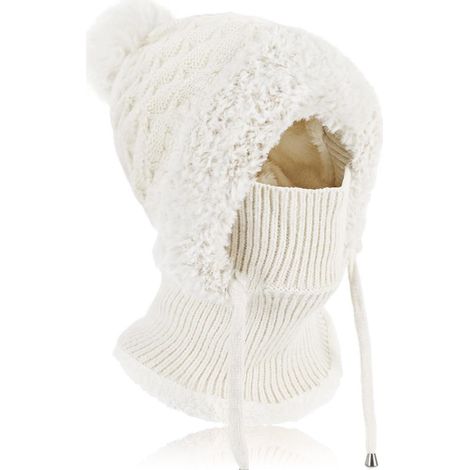 Bonnet d'hiver femme avec cache-cou, polaire, pompon, taille unique, blanc (1/5)